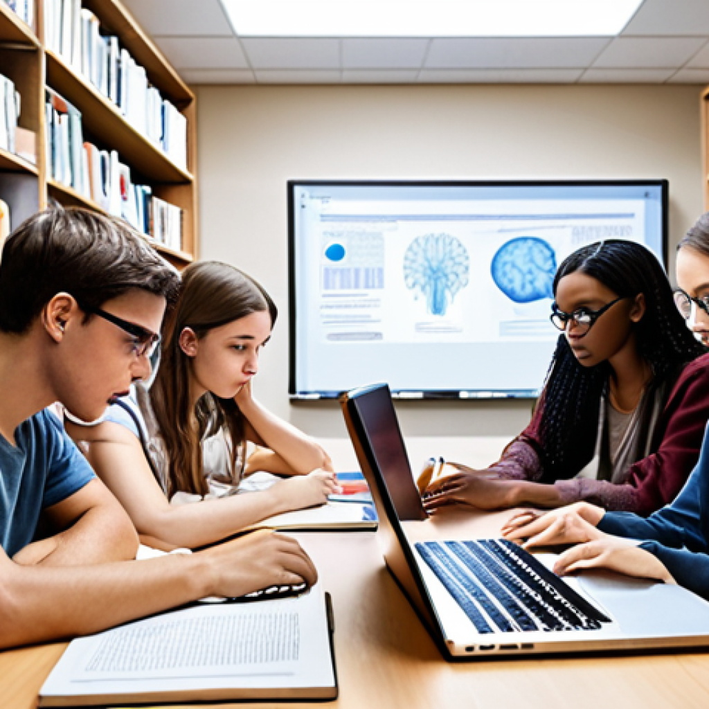 **Image Prompt:** A diverse group of students collaborating on a research paper, surrounded by books and laptops. Focus on brainstorming and critical thinking, with a futuristic AI writing assistant hovering nearby. The scene should blend traditional academic research with modern technology, emphasizing teamwork and innovation.