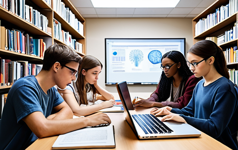 **Image Prompt:** A diverse group of students collaborating on a research paper, surrounded by books and laptops. Focus on brainstorming and critical thinking, with a futuristic AI writing assistant hovering nearby. The scene should blend traditional academic research with modern technology, emphasizing teamwork and innovation.