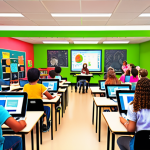 **A vibrant, modern classroom scene showcasing blended learning. Students are engaged in various activities: some using laptops for online lessons, others participating in a lively group discussion, and a teacher facilitating with a tablet. The atmosphere is dynamic and engaging, reflecting personalized learning paths. Use bright colors and a slightly stylized, futuristic aesthetic.**
