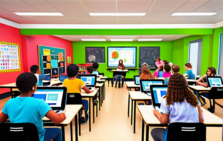 **A vibrant, modern classroom scene showcasing blended learning. Students are engaged in various activities: some using laptops for online lessons, others participating in a lively group discussion, and a teacher facilitating with a tablet. The atmosphere is dynamic and engaging, reflecting personalized learning paths. Use bright colors and a slightly stylized, futuristic aesthetic.**