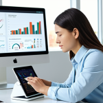 A professional young woman, approximately 28 years old, fully clothed in a modest business casual outfit, intensely focused on a tablet screen. She is seated at a sleek, modern desk in a bright, clean office environment. The tablet displays a sophisticated AI language assessment interface with intricate graphs and detailed text feedback. The setting is illuminated by soft, natural light, creating a focused and studious atmosphere. Perfect anatomy, correct proportions, natural pose, well-formed hands, proper finger count, natural body proportions. Safe for work, appropriate content, fully clothed, professional, family-friendly.