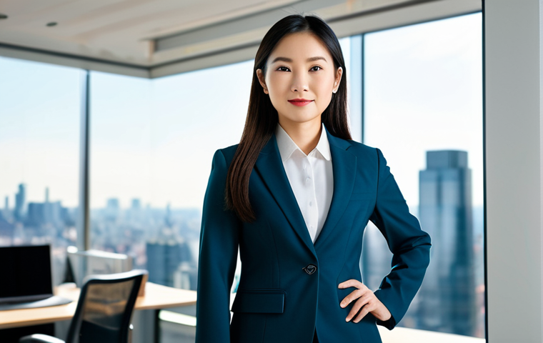 **

"A professional Asian woman in a tailored, modest business suit, standing confidently in a modern, sunlit office. Background includes blurred cityscape view. Fully clothed, appropriate attire, safe for work, perfect anatomy, natural proportions, professional photography, high quality, family-friendly."

**