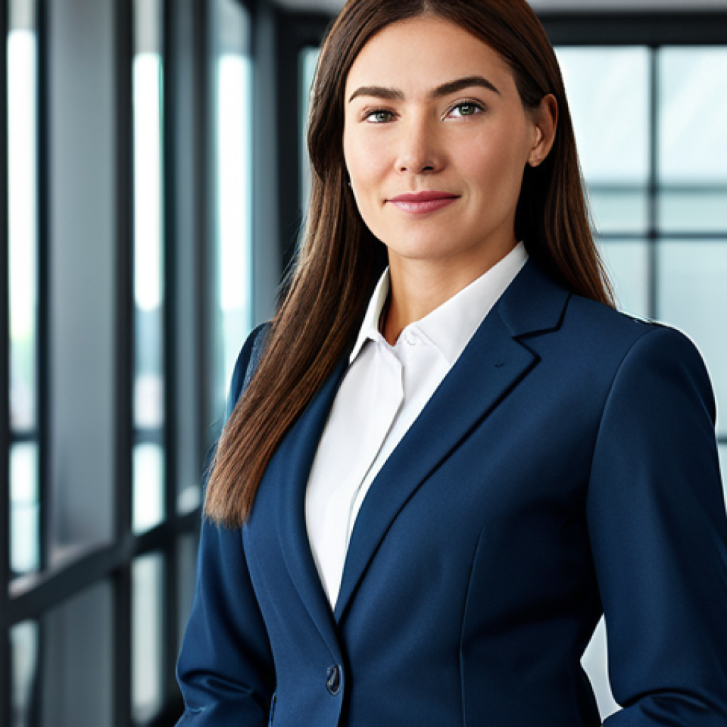 언어 교육에서의 발음 훈련 기법 - A professional businesswoman in a modern office setting, wearing a modest business suit, fully cloth...