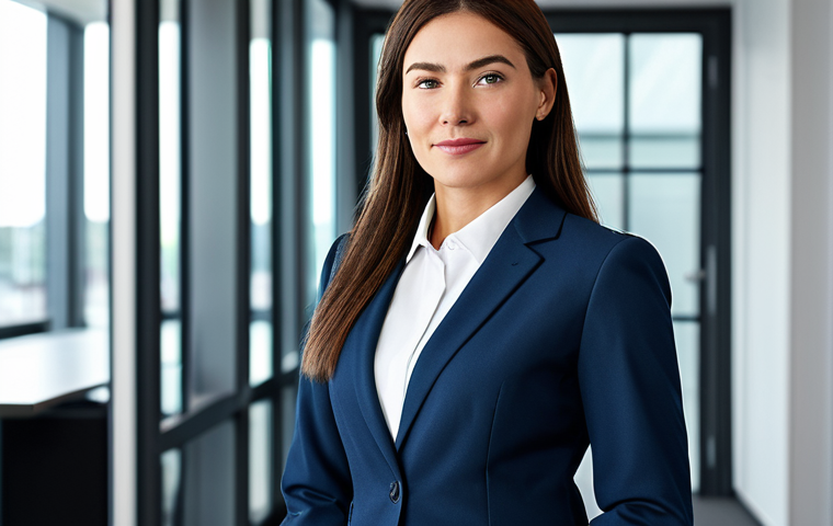 언어 교육에서의 발음 훈련 기법 - A professional businesswoman in a modern office setting, wearing a modest business suit, fully cloth...