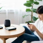 언어 교육학의 최근 연구 동향 - **Prompt:** A young adult, either male or female, sits comfortably in a brightly lit, modern living ...