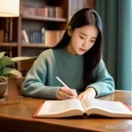 언어 교육에서의 문화적 콘텐츠 활용 - **Immersive Chinese Drama Study Session**
    A focused young woman, in her early 20s, with long dar...
