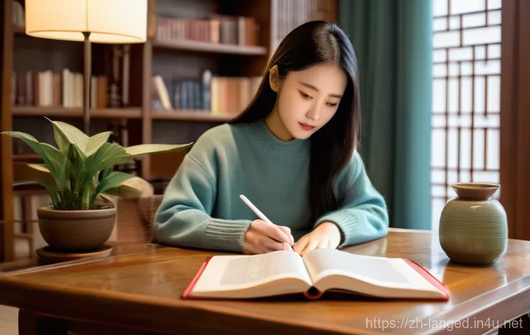 언어 교육에서의 문화적 콘텐츠 활용 - **Immersive Chinese Drama Study Session**
    A focused young woman, in her early 20s, with long dar...