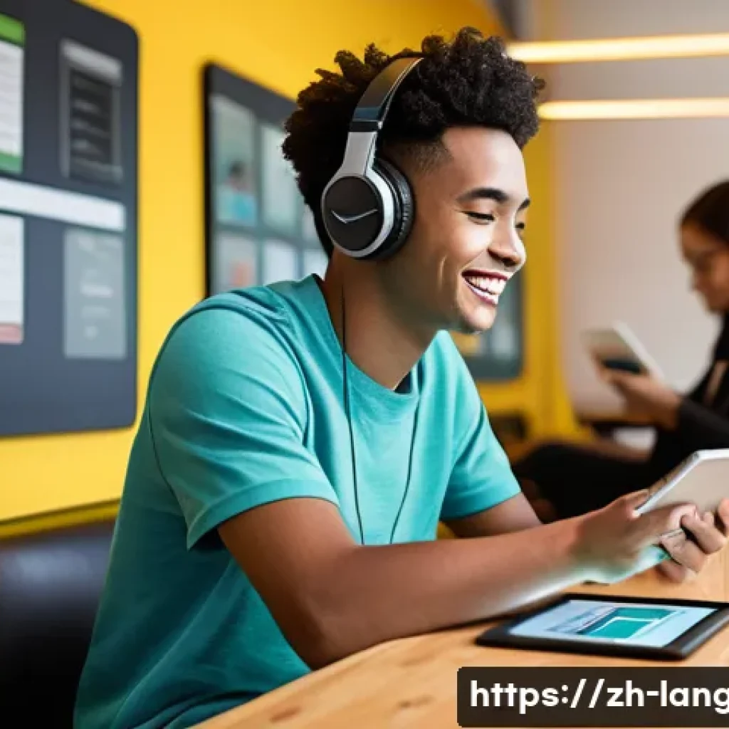 언어 교육에서의 대학원생 연구 - **Prompt:** A young university student, of diverse ethnicity, is deeply focused on their tablet, wea...