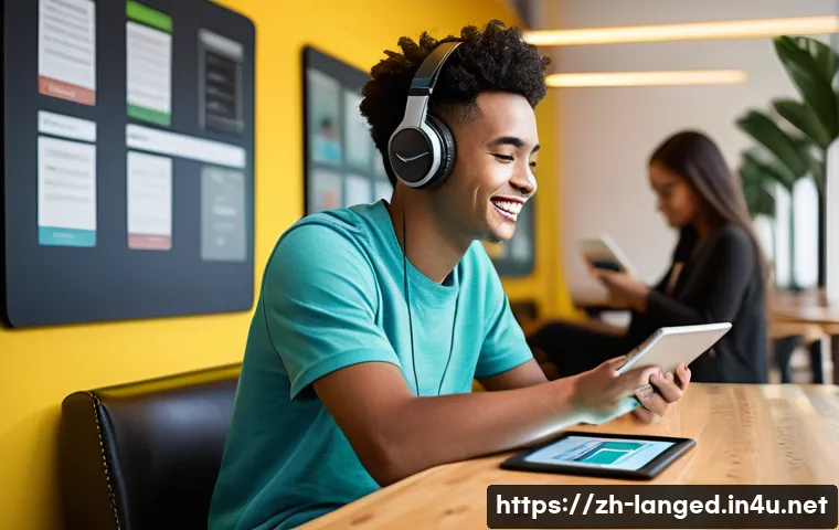 언어 교육에서의 대학원생 연구 - **Prompt:** A young university student, of diverse ethnicity, is deeply focused on their tablet, wea...